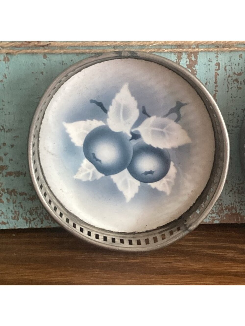 Vintage German Metal Porcelain Coasters with Blueberries Set of 6